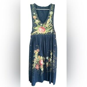 Vintage Manor House Embroidered Denim Jumper Dress 👗 Cottagecore Prairie Boho M